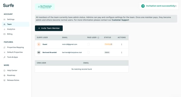 Surfe | Dashboard screen