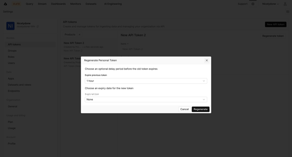 API Tokens - Settings - Axiom screen