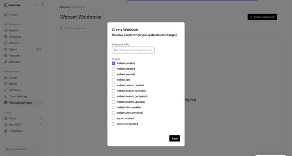 Webset Webhooks screen