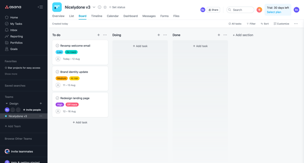 Nicelydone v3 - Asana screen