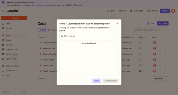 Zaps | Zapier screen