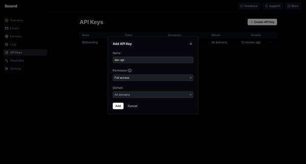 API Keys · Resend screen
