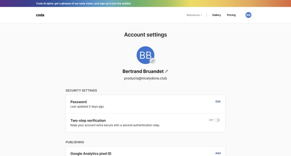 Coda | Account settings screen