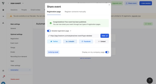 Dashboard | Livestorm screen