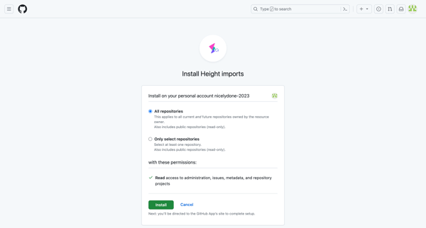 Installing Height imports screen
