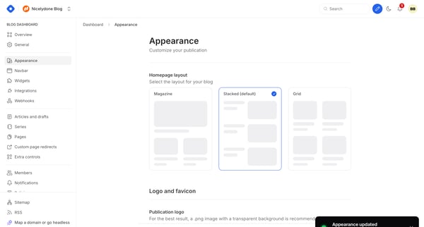 Dashboard - Appearance screen