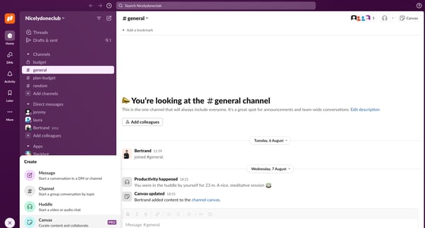 general Channel - Nicelydoneclub - Slack screen