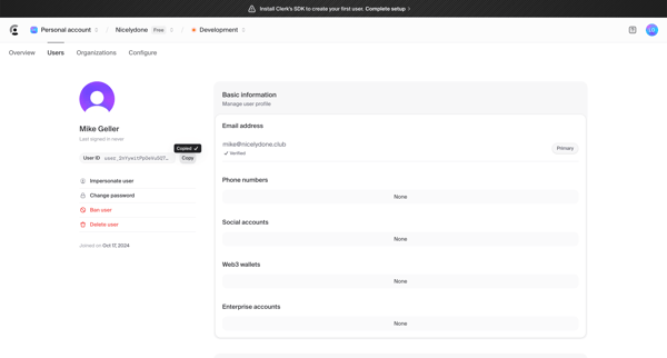 Dashboard | Clerk.com screen