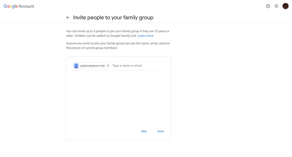 Invite people to your family group from Google Account