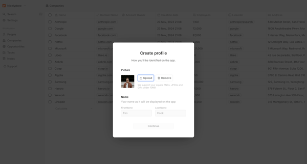 Create Profile screen
