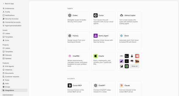 Integrations screen