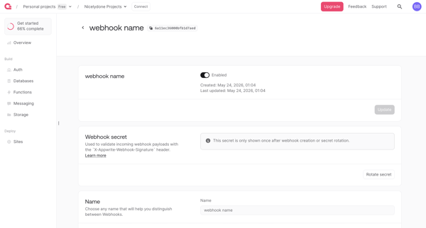 Webhook - Appwrite screen