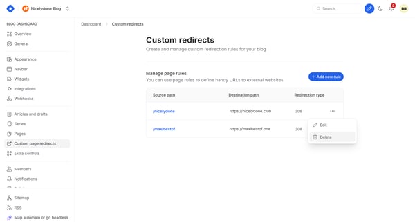 Dashboard - Custom redirects from Hashnode