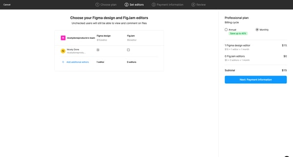 Upgrade nicelydoneproductss team – Figma screen