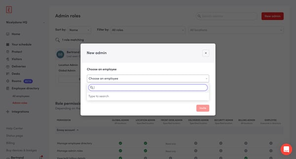 Admin Roles · Employees · Envoy screen
