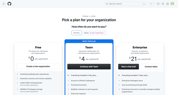 Choose a plan screen