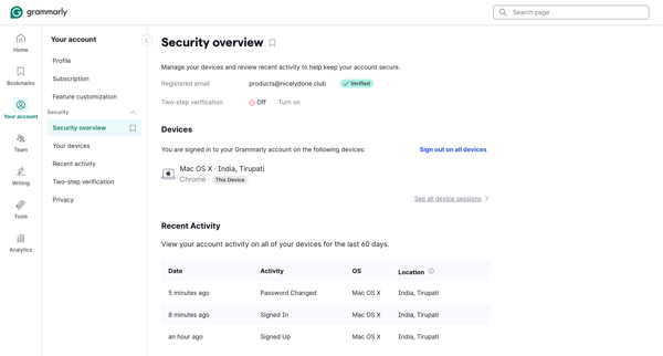 Account | Grammarly screen