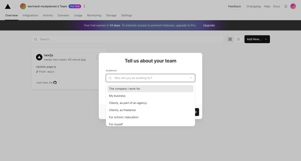 Dashboard – Vercel screen