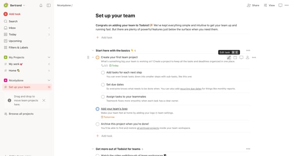 Set up your team – Todoist screen