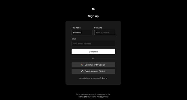Sign up screen