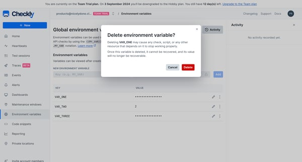 Environment variables screen
