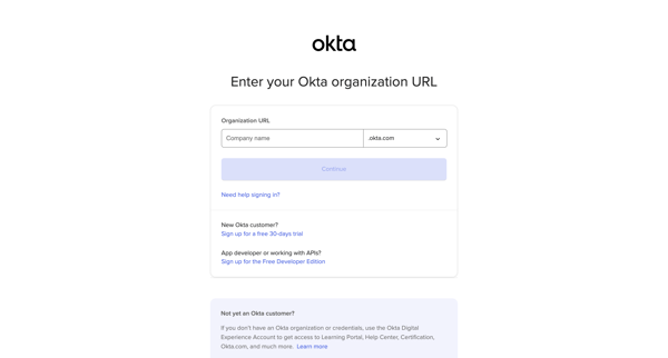 Log in to your Okta org screen