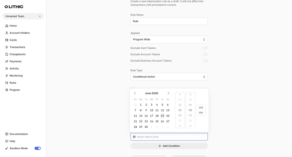 Lithic - Create Tokenization Rule screen
