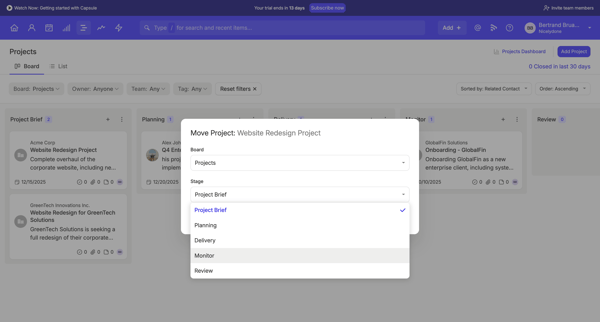 Projects Board | Nicelydone CRM screen