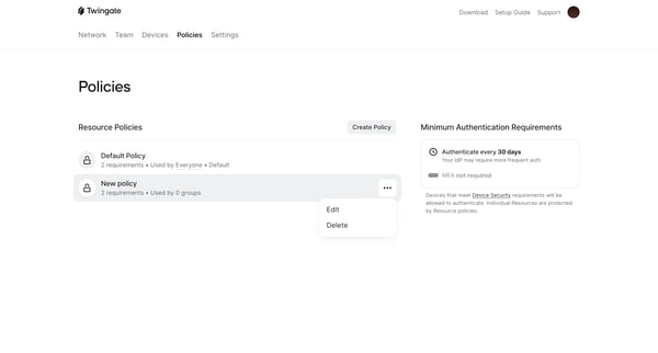 Policies | Twingate Admin screen