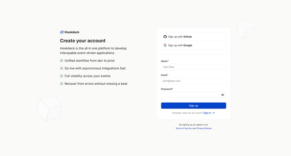 Sign Up with Hookdeck - Hookdeck screen