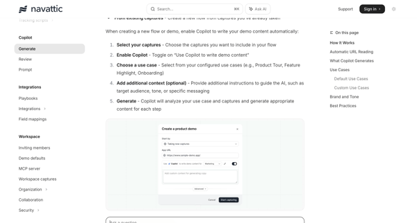 Generate - Navattic Documentation screen