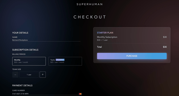 Superhuman | Checkout screen