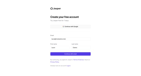 Sign up - Jasper screen