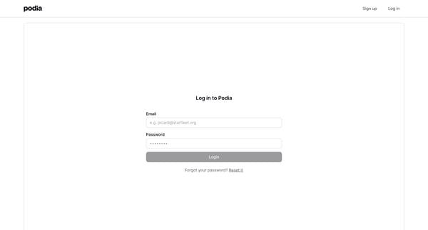 Podia Login screen