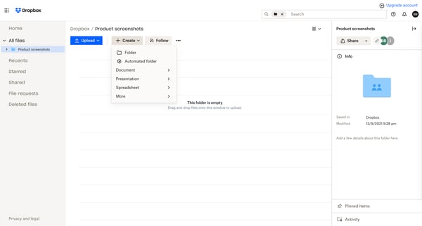 Product screenshots - Dropbox screen