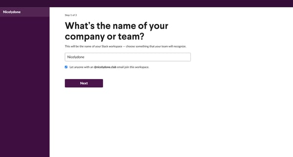 Slack | Setup Team Name Slack screen