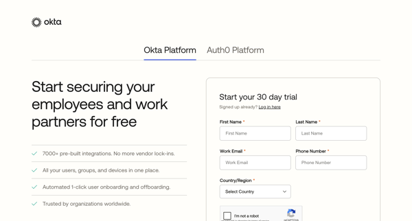 Okta Free Trial Account - Workforce Identity screen