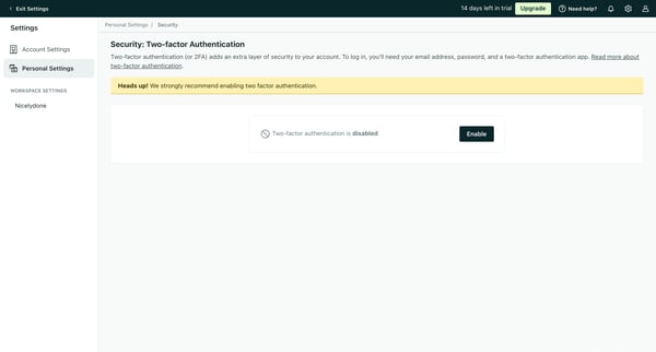 Security | Personal Settings  Customer.io screen