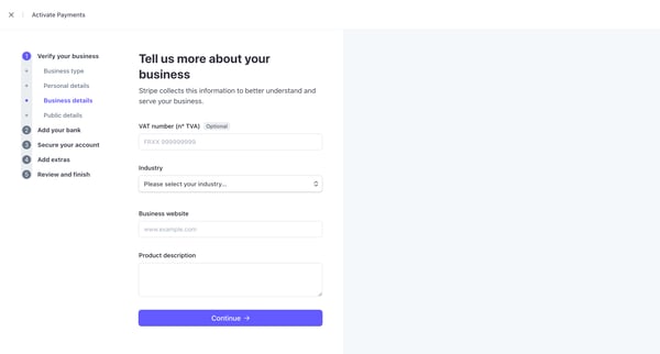 Activate your account – New Business – Stripe screen