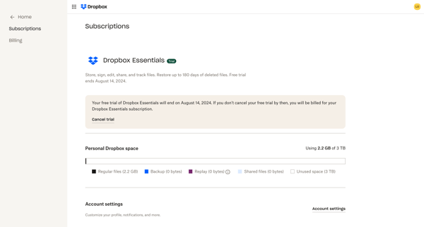 Subscriptions Management | Dropbox Basic screen
