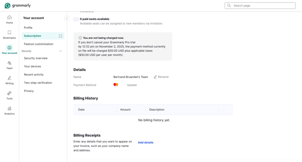 Account | Grammarly screen