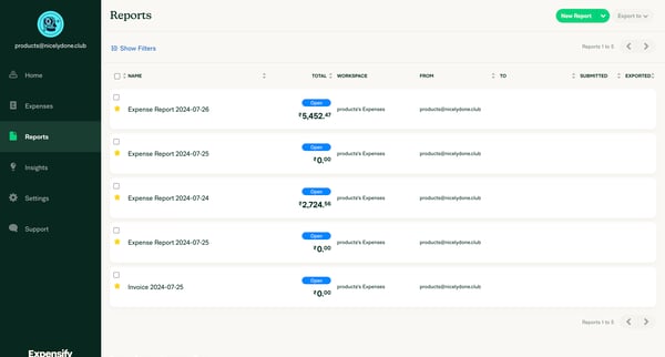 Expensify - Reports screen