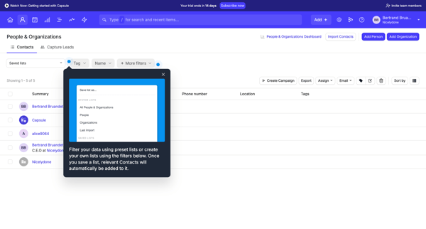 People & Organizations | Nicelydone CRM screen