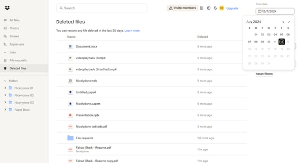 Deleted files - Dropbox screen