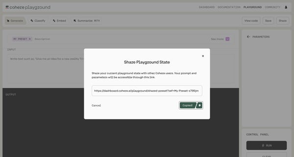 Generate | Cohere screen