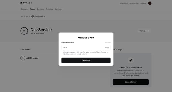 Dev Service | Twingate Admin screen