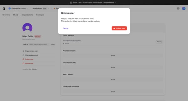 Dashboard | Clerk.com screen