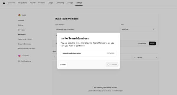 Members - Team Settings – Dashboard – Vercel screen