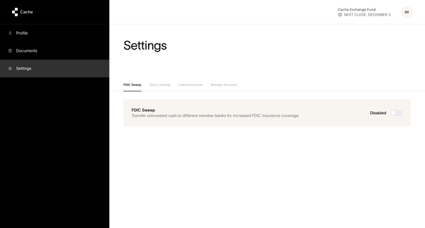 Cache – Settings screen