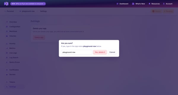 playground-raw · Settings · Fly from Fly